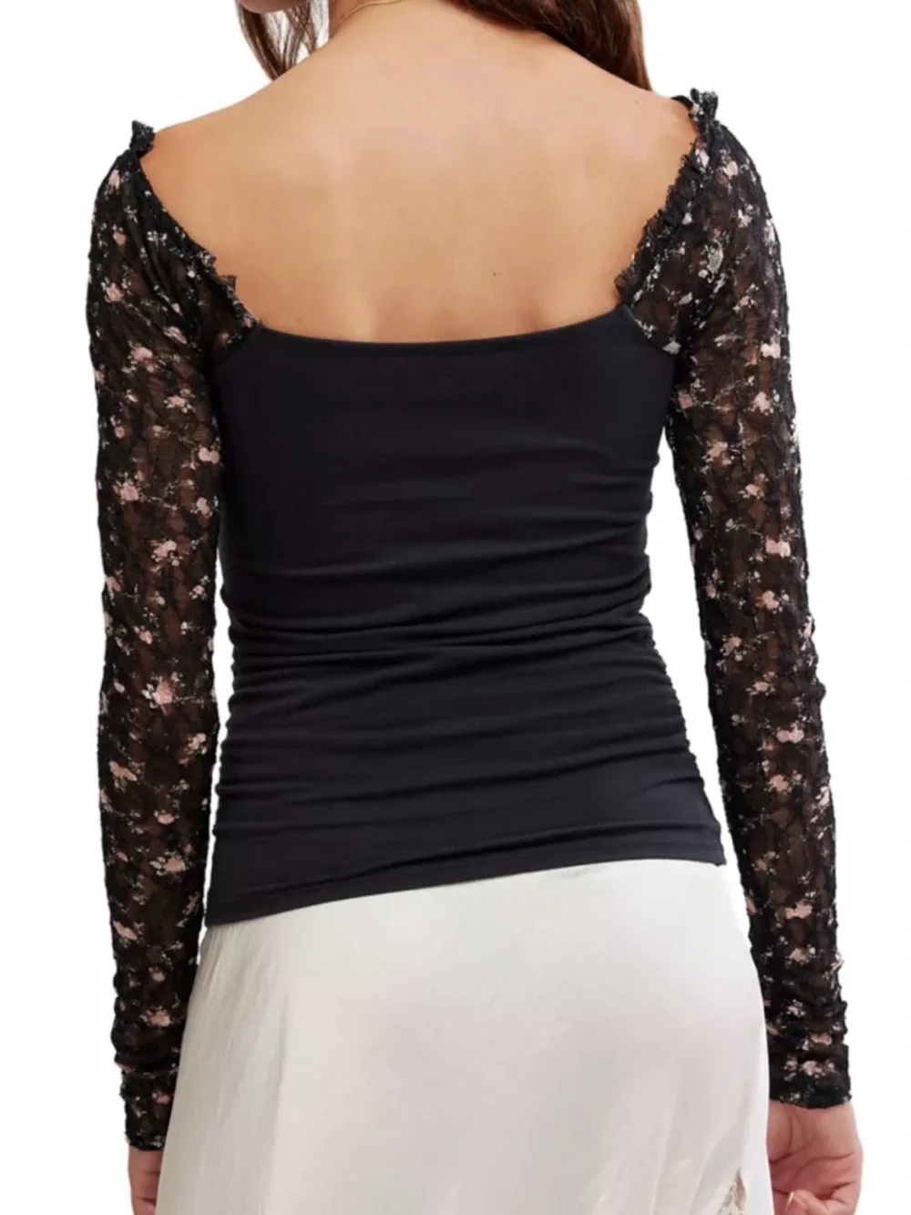 Free People Black Lace-Sleeve Long Sleeve Tee